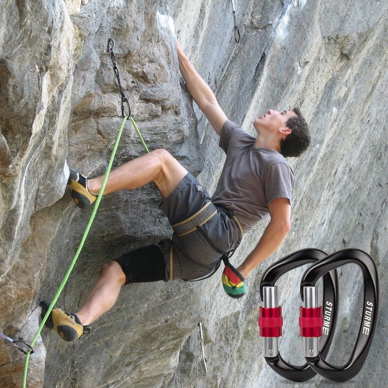 STURME UIAA Certified Climbing Carabiner Clips, 2 Pack 25KN(5623lbs) Screwgate Locking Carabiner Heavy Duty Caribeener Clips, Large Carabiner D Ring for Rock Climbing & Mountaineering - Image 5